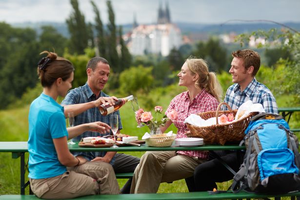 Four people sitting at a table drinking sparkling wine and eating, with Meissen's Albrechtsburg Castle in the background.